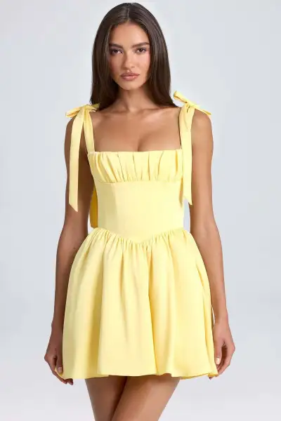 Summer Women Fashion Square Neck High Waist Pleated Bow Strap A Line Dress