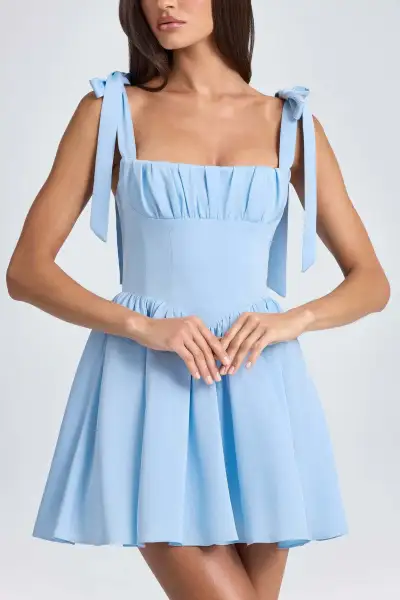 Summer Women Fashion Square Neck High Waist Pleated Bow Strap A Line Dress