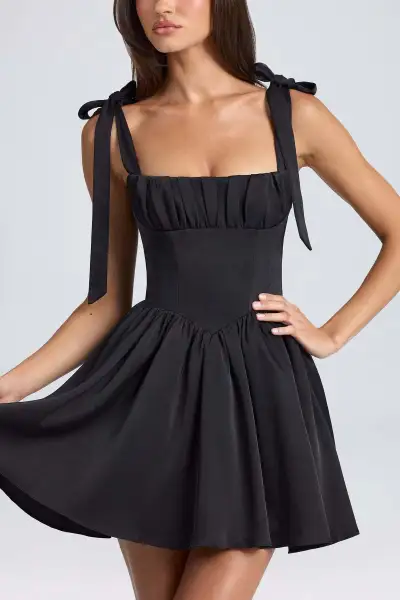 Summer Women Fashion Square Neck High Waist Pleated Bow Strap A Line Dress