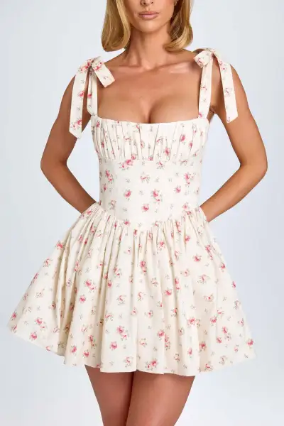 Summer Women Fashion Square Neck High Waist Pleated Bow Strap A Line Dress