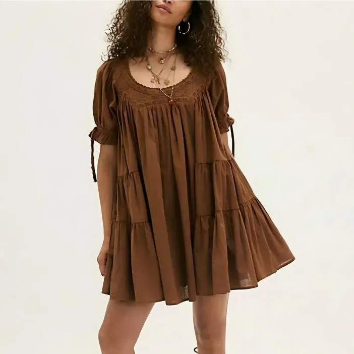 Women Fashion Casual Summer Solid Color Lace Short-Sleeve Loose Dress