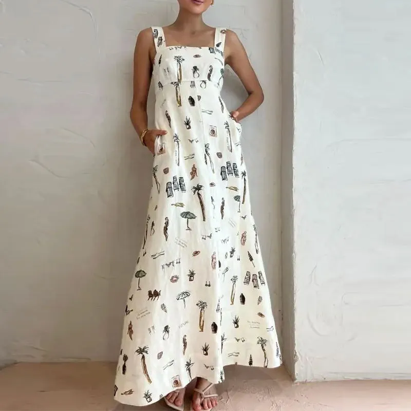 Women Fashion Casual Summer Printed Sleeveless Backless Lace-Up Loose Dress