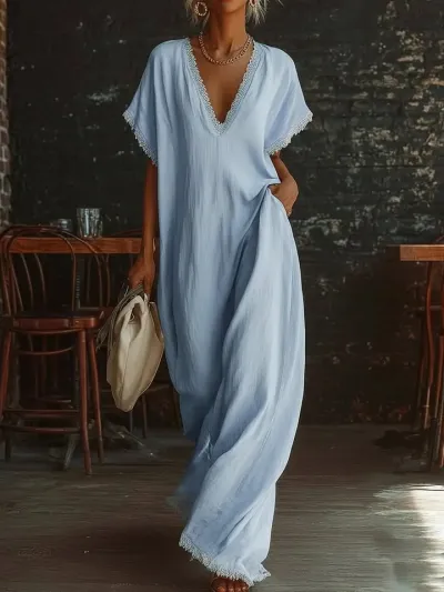 Women Fashion Casual Spring And Summer Linen Cotton Solid Color V-Neck Short-Sleeve Lace-Edge Loose Dress
