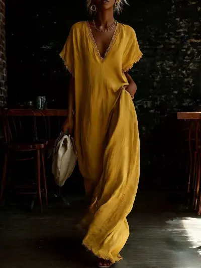 Women Fashion Casual Spring And Summer Linen Cotton Solid Color V-Neck Short-Sleeve Lace-Edge Loose Dress