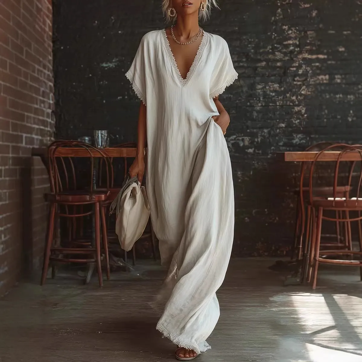 Women Fashion Casual Spring And Summer Linen Cotton Solid Color V-Neck Short-Sleeve Lace-Edge Loose Dress