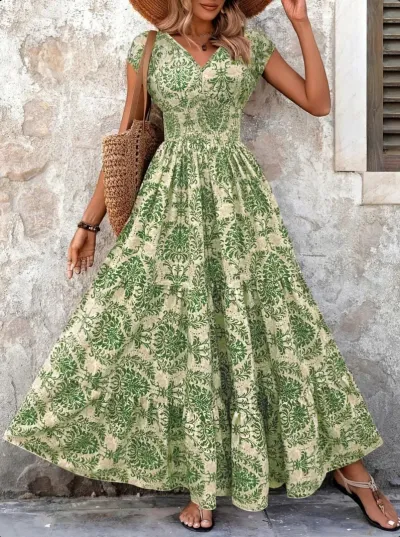 Vacation Women Fashion Casual Boho Printed V-Neck Short Sleeve Loose Dress