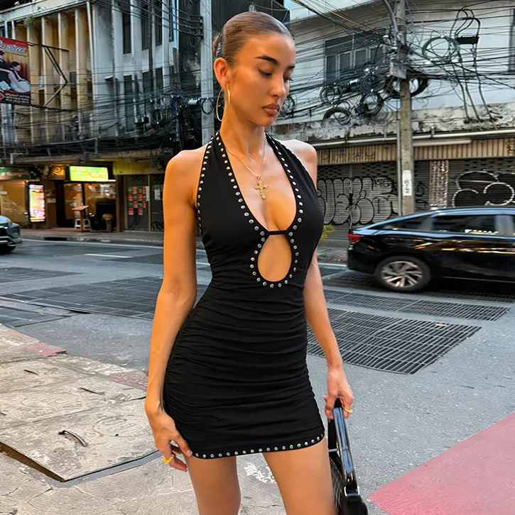 Women Fashion Sexy Summer Solid Color Rivet Halter-Neck Backless Slim Fit Dress