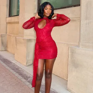 Women Fashion Sexy Summer Solid Color Lace Hollow Strap Long Sleeve Ribbon Dress