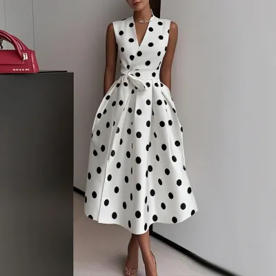 Summer Women Fashion Polo Dot Print A- Line Midi Dress