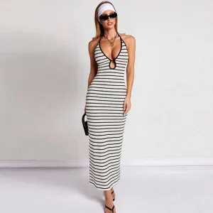 Summer Women Sexy Stripe Neck Hollow Backless Bodycon Maxi Dress