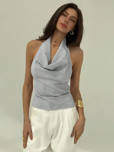 Women Fashion Stripe Halter Backless Shirt Top