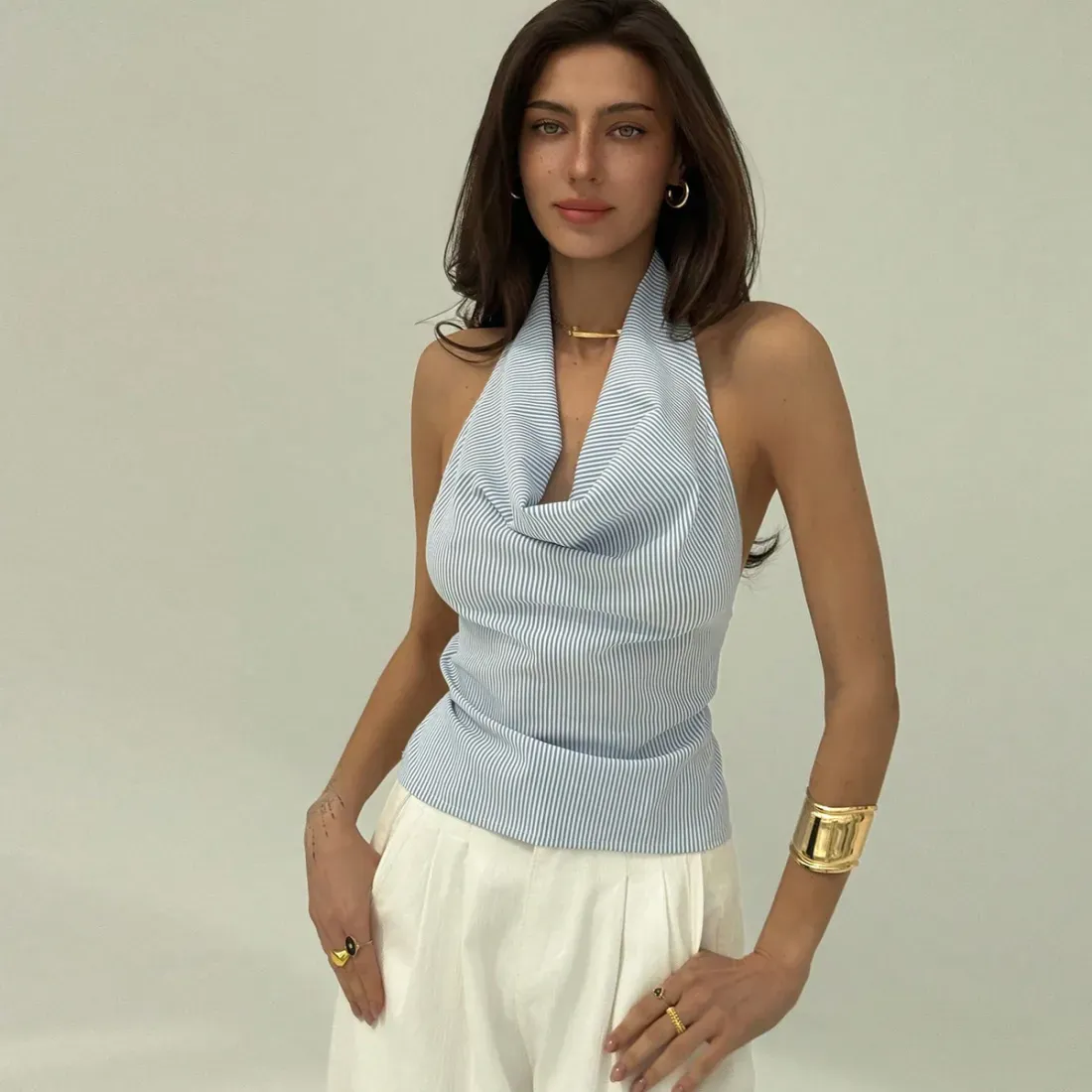 Women Fashion Stripe Halter Backless Shirt Top