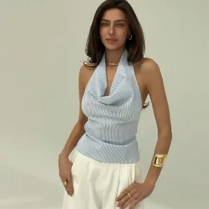 Women Fashion Stripe Halter Backless Shirt Top