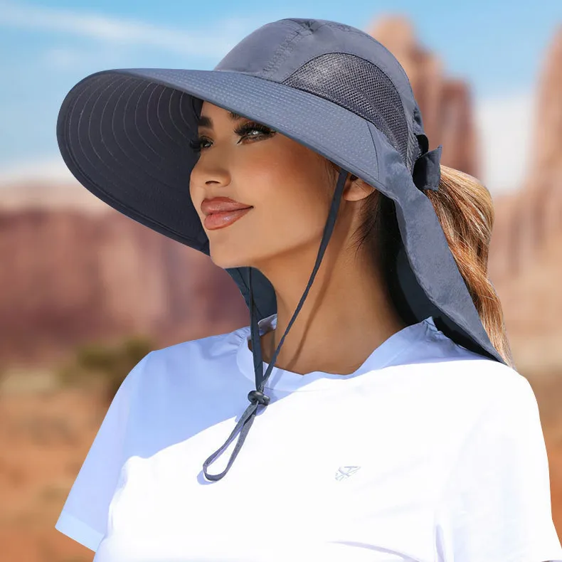 Women Fashion Casual Summer Outdoor Solid Color Big Brim Lace-Up Quick-Drying Waterproof UPF 50+ Sun Protection Hat
