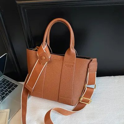 Women Fashion Casual Solid Color Litchi Pattern PU Portable Large Capacity Handbag