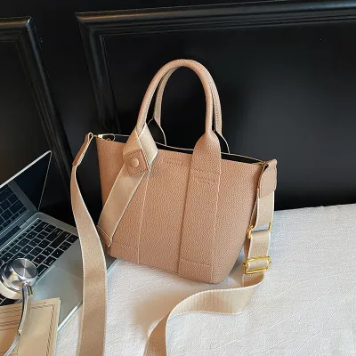 Women Fashion Casual Solid Color Litchi Pattern PU Portable Large Capacity Handbag