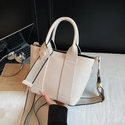 Women Fashion Casual Solid Color Litchi Pattern PU Portable Large Capacity Handbag