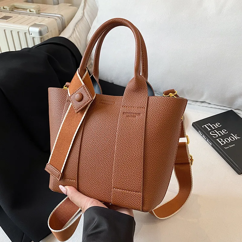Women Fashion Casual Solid Color Litchi Pattern PU Portable Large Capacity Handbag