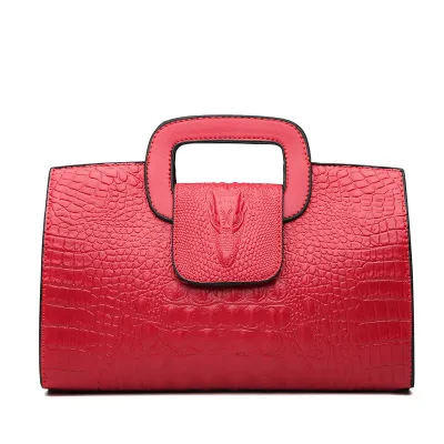 Women Fashion Casual Solid Color Crocodile-Print PU Handbag