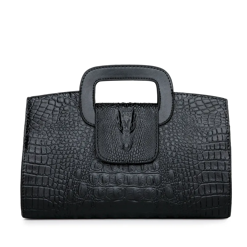 Women Fashion Casual Solid Color Crocodile-Print PU Handbag