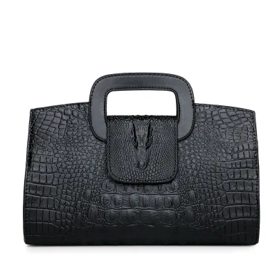 Women Fashion Casual Solid Color Crocodile-Print PU Handbag