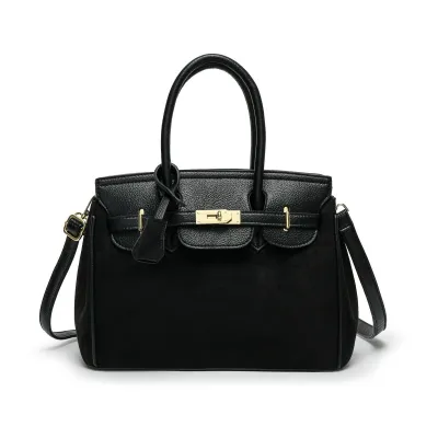 Women Fashion Casual Retro Solid Color Large Capacity Handbag with Locking Clasp