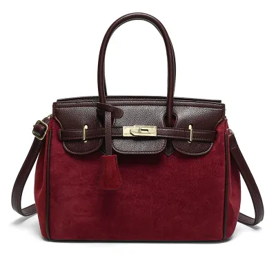 Women Fashion Casual Retro Solid Color Large Capacity Handbag with Locking Clasp