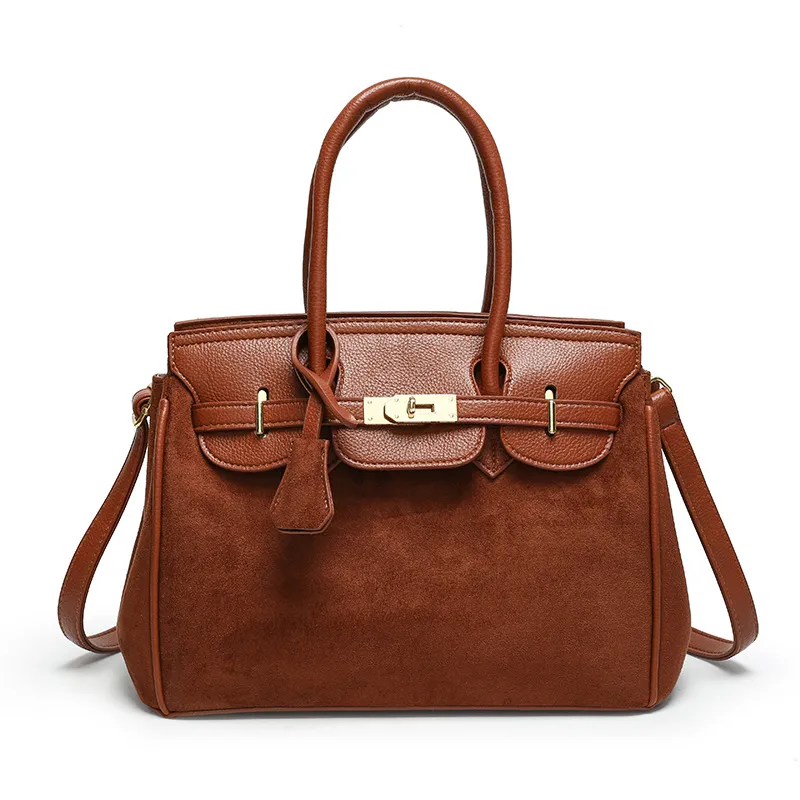 Women Fashion Casual Retro Solid Color Large Capacity Handbag with Locking Clasp
