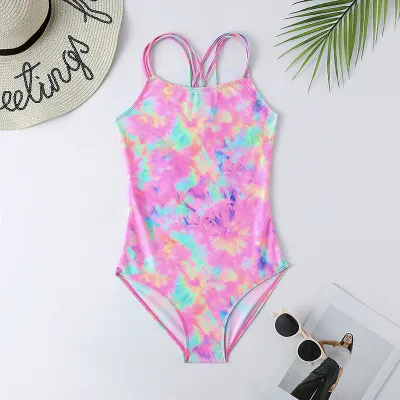 Kids Girls Fashion Tie-Dyed One-Piece Swimsuits in Polyester