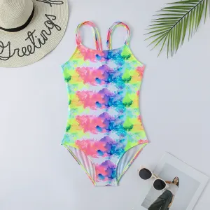 Kids Girls Fashion Tie-Dyed One-Piece Swimsuits in Polyester
