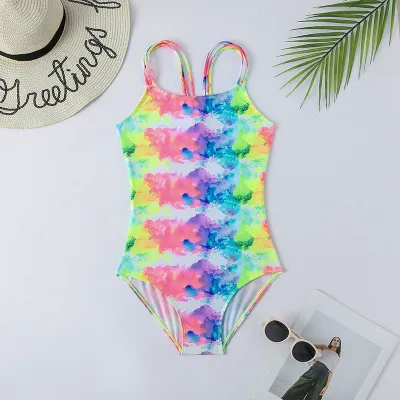 Kids Girls Fashion Tie-Dyed One-Piece Swimsuits in Polyester