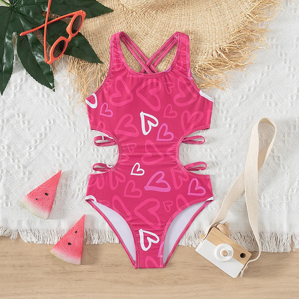 Kids Girls Love Printed One-Piece Swimsuit Polyester Sleeveless Swimwear