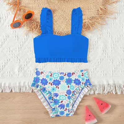 Kids Girls Fashion Printed Tiny Flower Ruffled Bikini Swimsuit