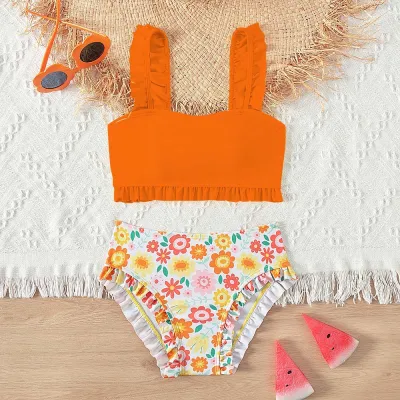 Kids Girls Fashion Printed Tiny Flower Ruffled Bikini Swimsuit