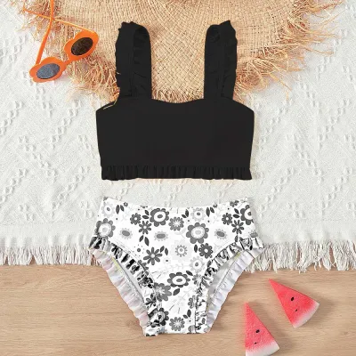 Kids Girls Fashion Printed Tiny Flower Ruffled Bikini Swimsuit