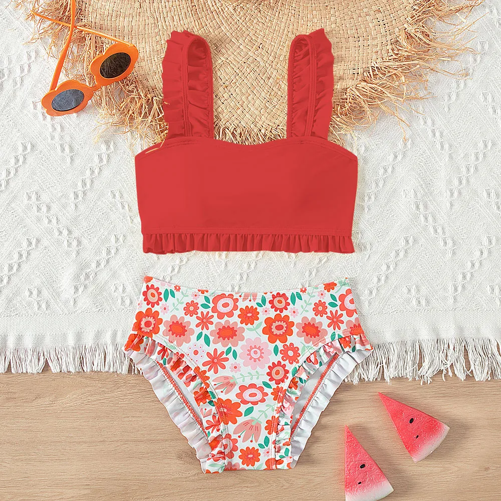 Kids Girls Fashion Printed Tiny Flower Ruffled Bikini Swimsuit