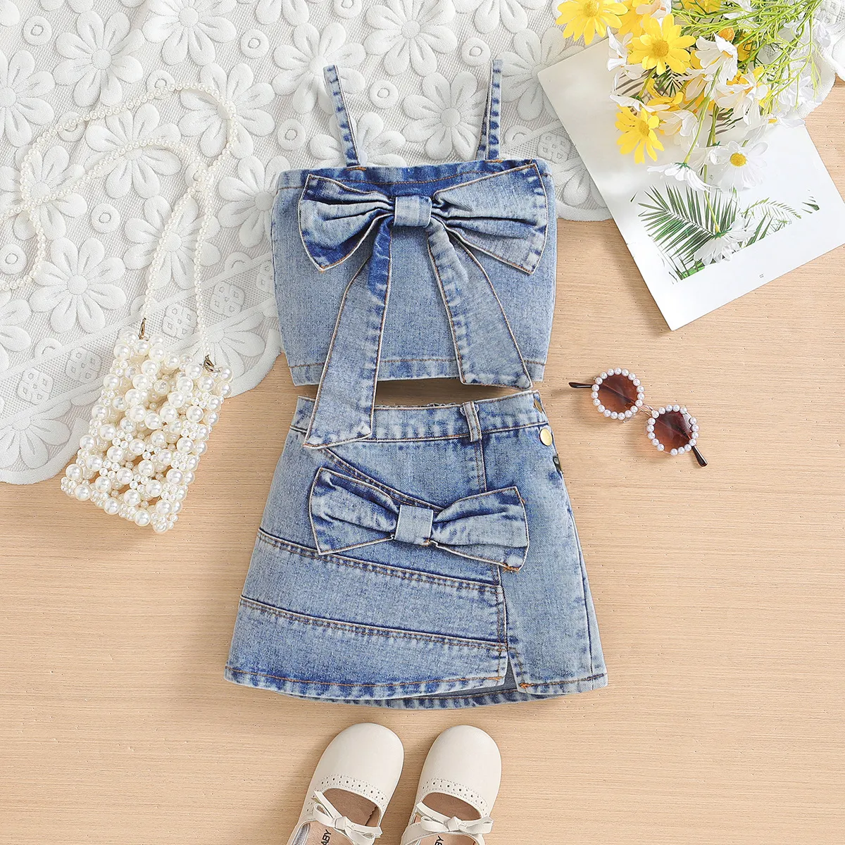 Kids Girls Fashion Casual Summer Denim Bowknot Camisole Skirt Two-Piece Set