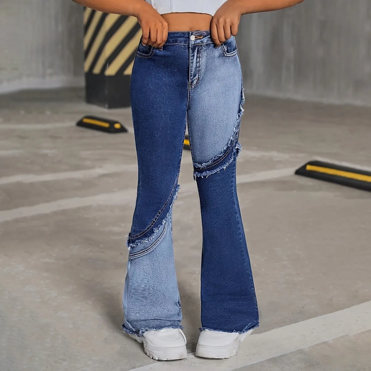 Kids Girls Fashion Casual Stitching Elastic High Waist Flared Denim Jeans