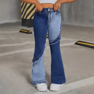 Kids Girls Fashion Casual Stitching Elastic High Waist Flared Denim Jeans