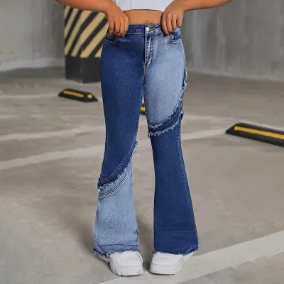Kids Girls Fashion Casual Stitching Elastic High Waist Flared Denim Jeans
