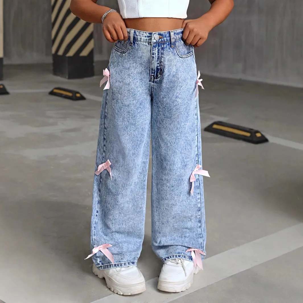 Kids Girl's Fashion Casual Washed Bowknot Decorative High Waist Straight Jeans