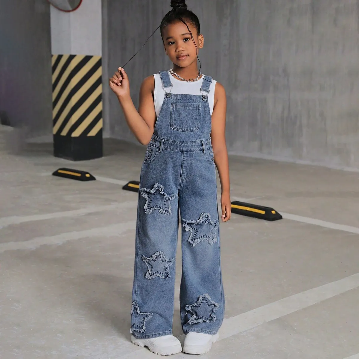 Kids Girl's Fashion Casual Five-Pointed Star Decorated Wide Leg High Waist Denim Overalls