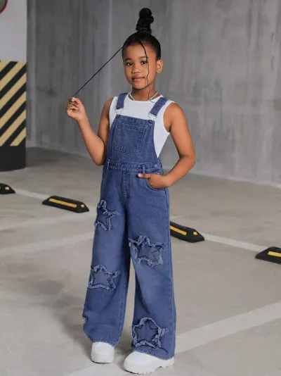 Kids Girl's Fashion Casual Five-Pointed Star Decorated Wide Leg High Waist Denim Overalls