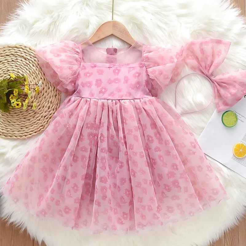 Kids Girls Fashion Elegant Summer Printed Mesh Short-Sleeve Bowknot Loose Dress