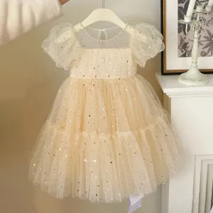 Kids Girl's Fashion Elegant Summer Sequin Star Mesh Short-Sleeve Puff Dress