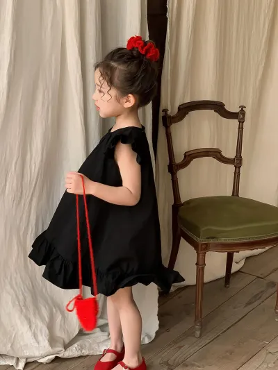 Kids Girls Fashion Casual Summer Solid Color Flutter Sleeve Ruffle Dress Cotton Short Sleeve