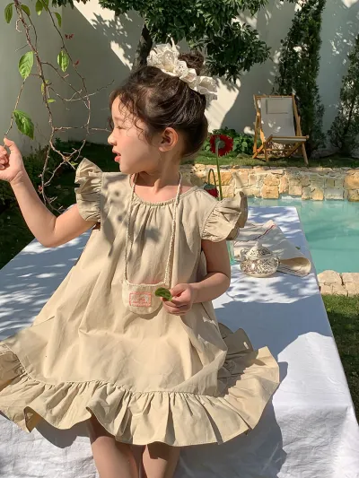 Kids Girls Fashion Casual Summer Solid Color Flutter Sleeve Ruffle Dress Cotton Short Sleeve