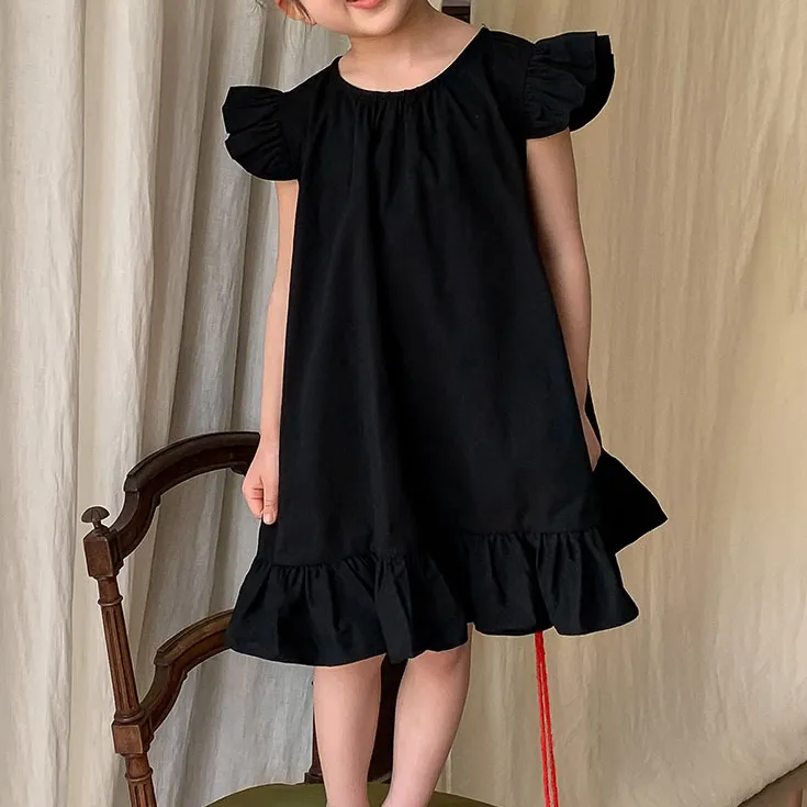 Kids Girls Fashion Casual Summer Solid Color Flutter Sleeve Ruffle Dress Cotton Short Sleeve