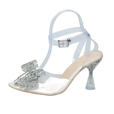 Women Fashion Sexy Elegant Rhinestone Crystal Bowknot Pointed-Toe High Heel Shoes