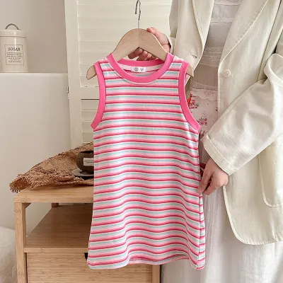 Kids Girls Fashion Casual Summer Stripe Sleeveless Cotton Dress